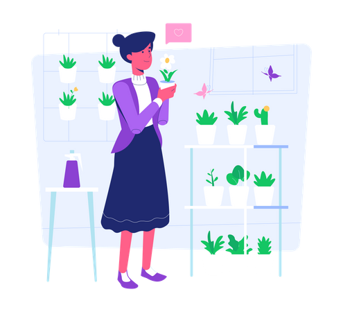 Mujer trabajando en el cuidado de las plantas.  Ilustración