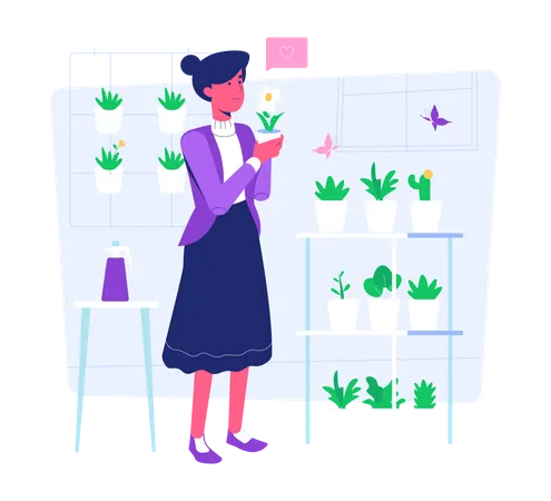 Mujer trabajando en el cuidado de las plantas.  Ilustración