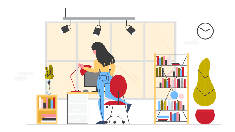 Mujer trabajando en el espacio de trabajo de oficina  Ilustración