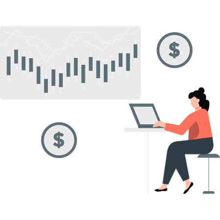 Mujer trabajando en un gráfico del mercado de valores  Ilustración