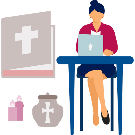 La mujer está trabajando en el libro de la Biblia.  Illustration