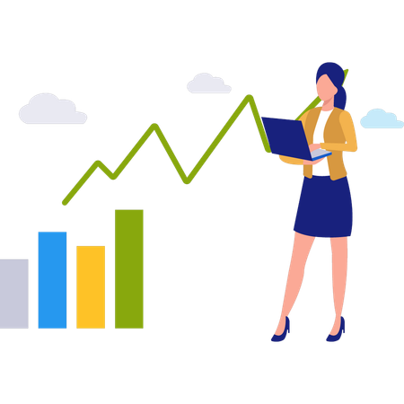 Mujer trabajando en el gráfico del mercado de valores en la computadora portátil  Illustration