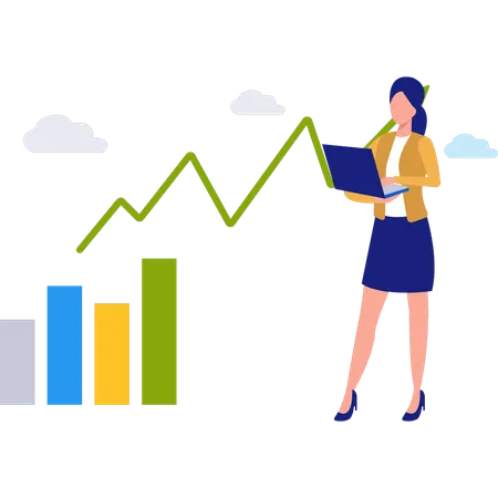 Mujer trabajando en el gráfico del mercado de valores en la computadora portátil  Illustration