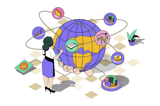 Mujer trabajando en estrategia de expansión global  Ilustración