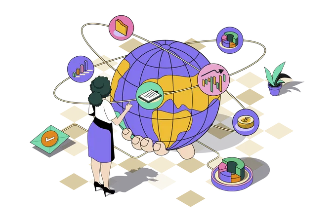 Mujer trabajando en estrategia de expansión global  Ilustración