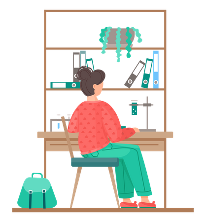 Mujer trabajando en experimentos químicos.  Ilustración