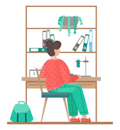 Mujer trabajando en experimentos químicos.  Ilustración