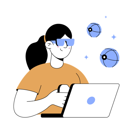 Mujer trabajando en la gamificación online  Ilustración