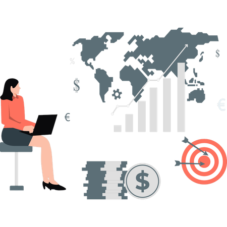 Mujer trabajando en el gráfico de finanzas en la computadora portátil  Ilustración