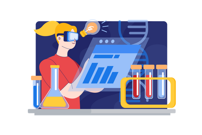 Mujer trabajando en investigación de laboratorio utilizando tecnología VR  Illustration
