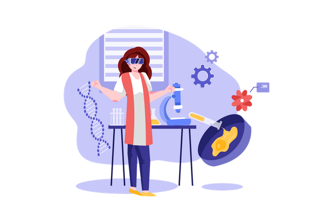 Mujer trabajando en investigaciones de laboratorio en el metaverso.  Illustration