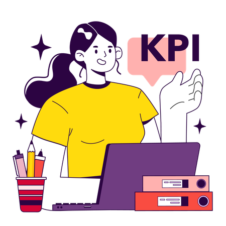 Mujer trabajando en el crecimiento de kpi  Ilustración