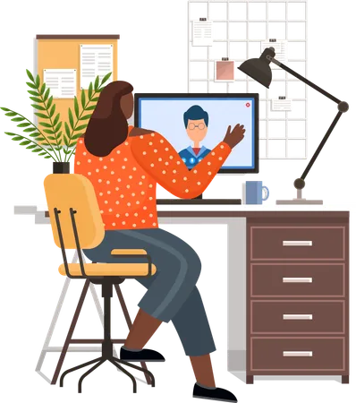 Mujer trabajando en la computadora en su casa  Ilustración