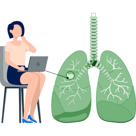 Mujer que trabaja en la investigación del cáncer de pulmón usando una computadora portátil  Ilustración