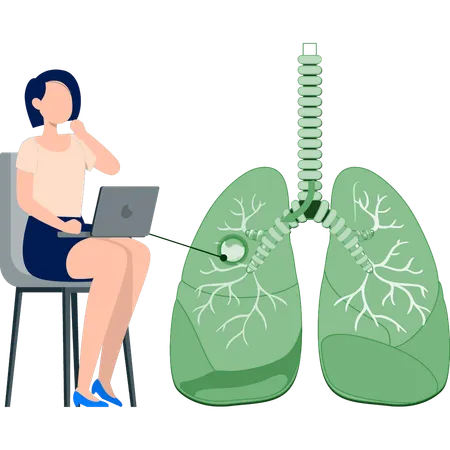 Mujer que trabaja en la investigación del cáncer de pulmón usando una computadora portátil  Ilustración