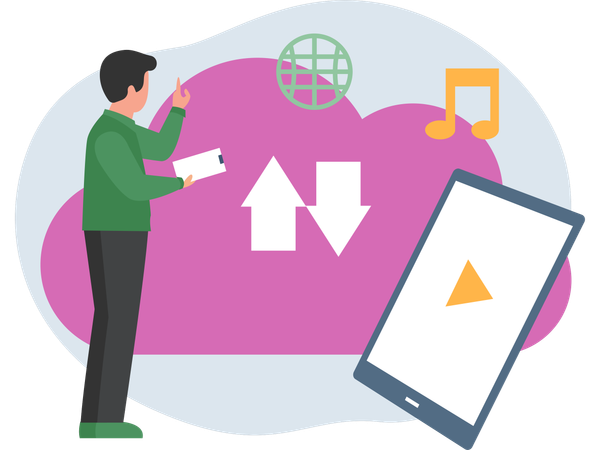 Mujer trabajando en transferencia de datos en la nube  Ilustración