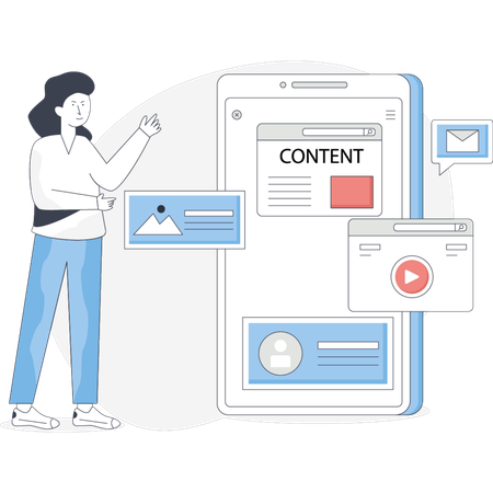 Mujer trabajando en la redacción de contenidos  Ilustración