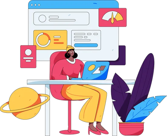 Mujer trabajando en rendimiento web  Ilustración