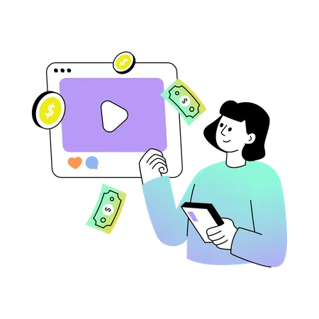 Mujer trabajando en Monetización de Medios  Ilustración