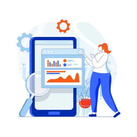 Mujer trabajando en optimización SEO  Ilustración