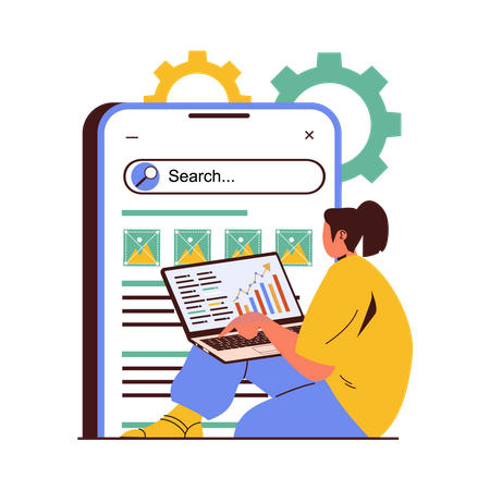 Mujer trabajando en Seo Analytics  Ilustración