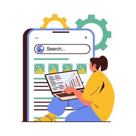 Mujer trabajando en Seo Analytics  Ilustración