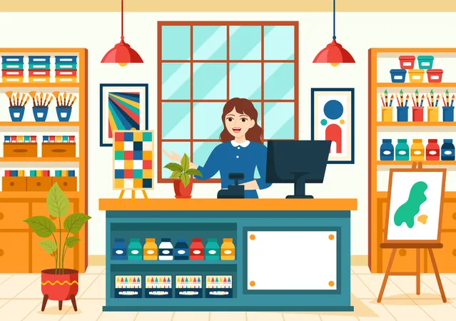 Mujer trabajando en la tienda de arte  Ilustración