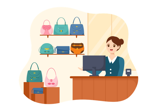 Mujer trabajando en la tienda de bolsos  Ilustración