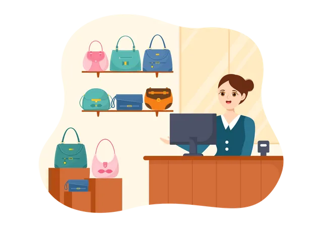 Mujer trabajando en la tienda de bolsos  Ilustración