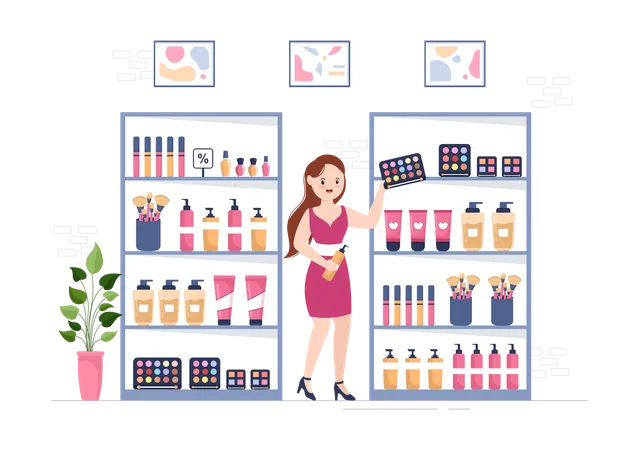 Mujer trabajando en tienda de cosméticos  Ilustración