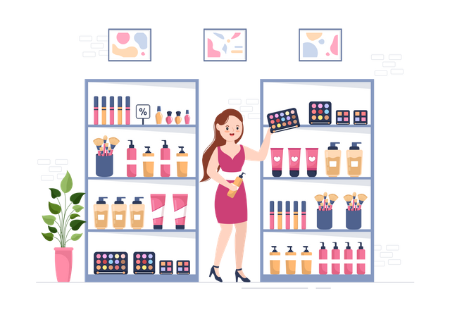 Mujer trabajando en tienda de cosméticos  Ilustración