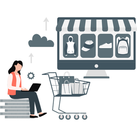 Mujer trabajando en la configuración de compras en línea  Ilustración