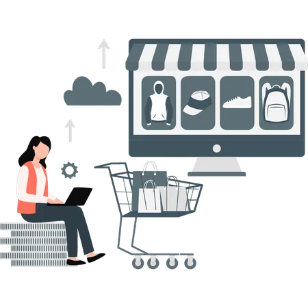 Mujer trabajando en la configuración de compras en línea  Ilustración