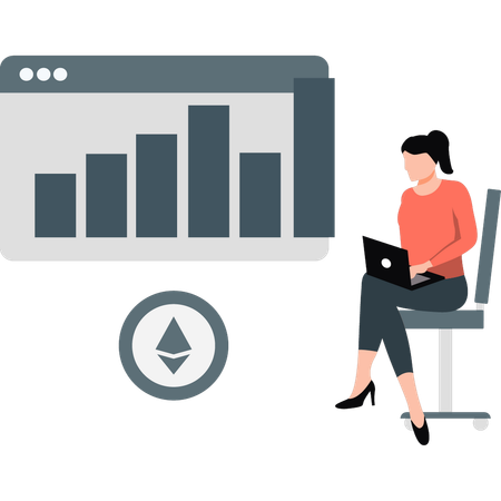 Mujer = trabajando en un gráfico de negocios  Ilustración