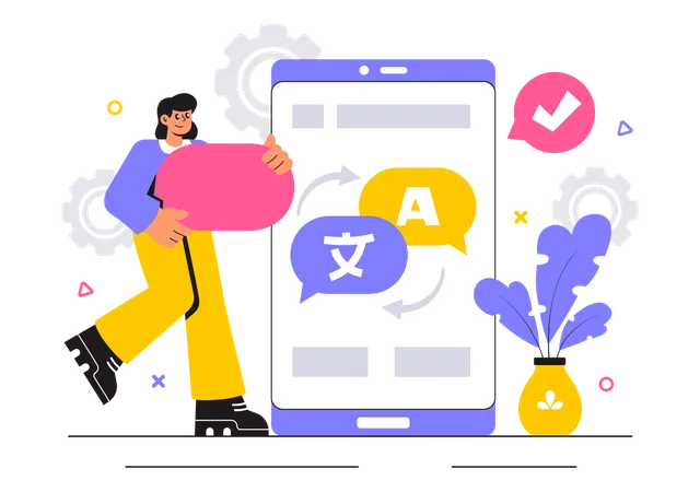 Mujer trabajando en un servicio de traducción en línea  Ilustración