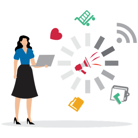 Mujer trabajando en una campaña de marketing digital  Ilustración