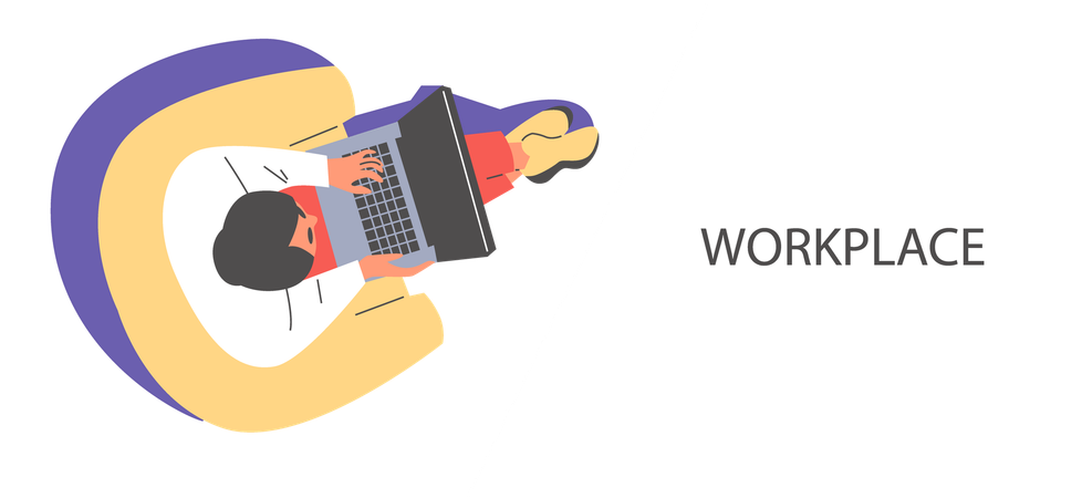 Mujer trabajando en una computadora portátil con el título "Lugar de trabajo"  Ilustración