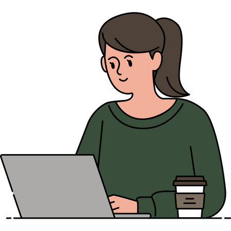 Mujer trabajando en una computadora portátil en una cafetería  Ilustración