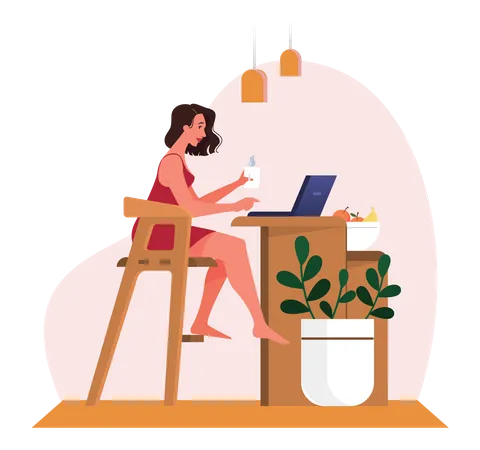 Mujer trabajando en una computadora portátil mientras bebe té  Ilustración