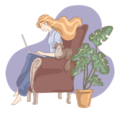 Mujer trabajando en una computadora portátil mientras está sentada en un sillón  Ilustración