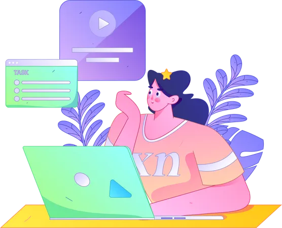 Mujer trabajando en una computadora portátil mientras revisa una tarea comercial  Ilustración