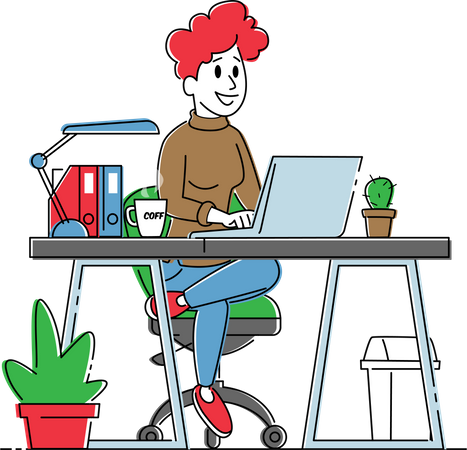 Mujer trabajando en una computadora portátil sentada en escritorios con trabajo de taza  Ilustración