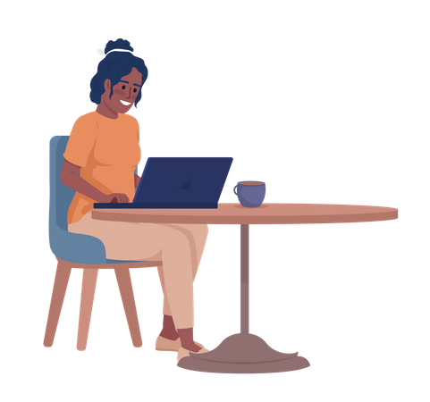 Mujer trabajando en una computadora portátil y tomando café  Ilustración