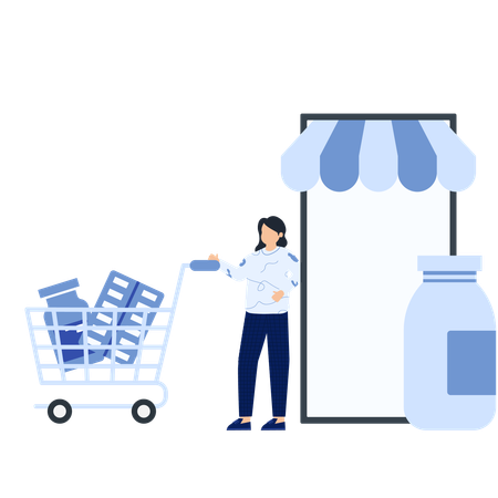 Mujer trabajando en una farmacia online  Ilustración