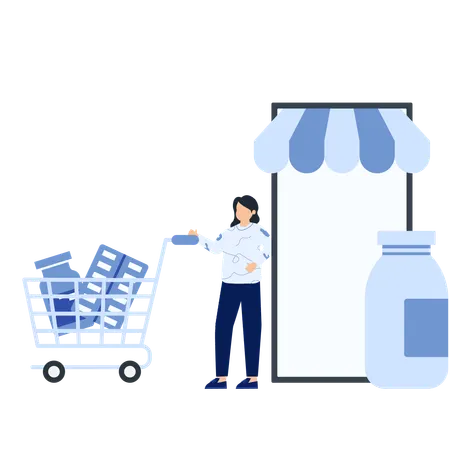 Mujer trabajando en una farmacia online  Ilustración