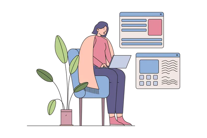 Mujer trabajando en la computadora portátil  Ilustración