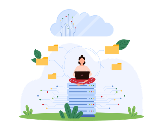 Mujer trabajando en una plataforma de datos segura en la nube  Ilustración