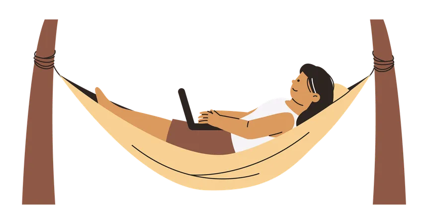 Mujer trabajando de vacaciones  Ilustración