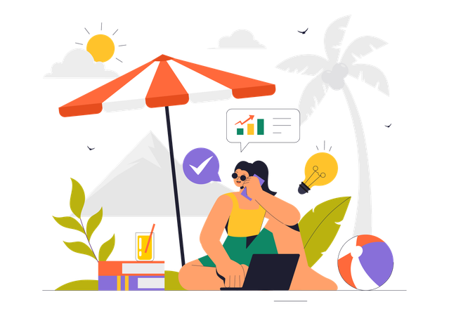 Mujer trabajando en vacaciones  Ilustración