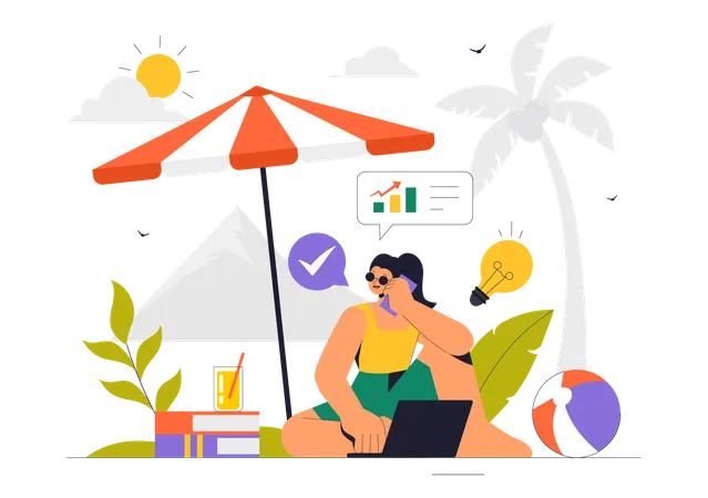 Mujer trabajando en vacaciones  Ilustración